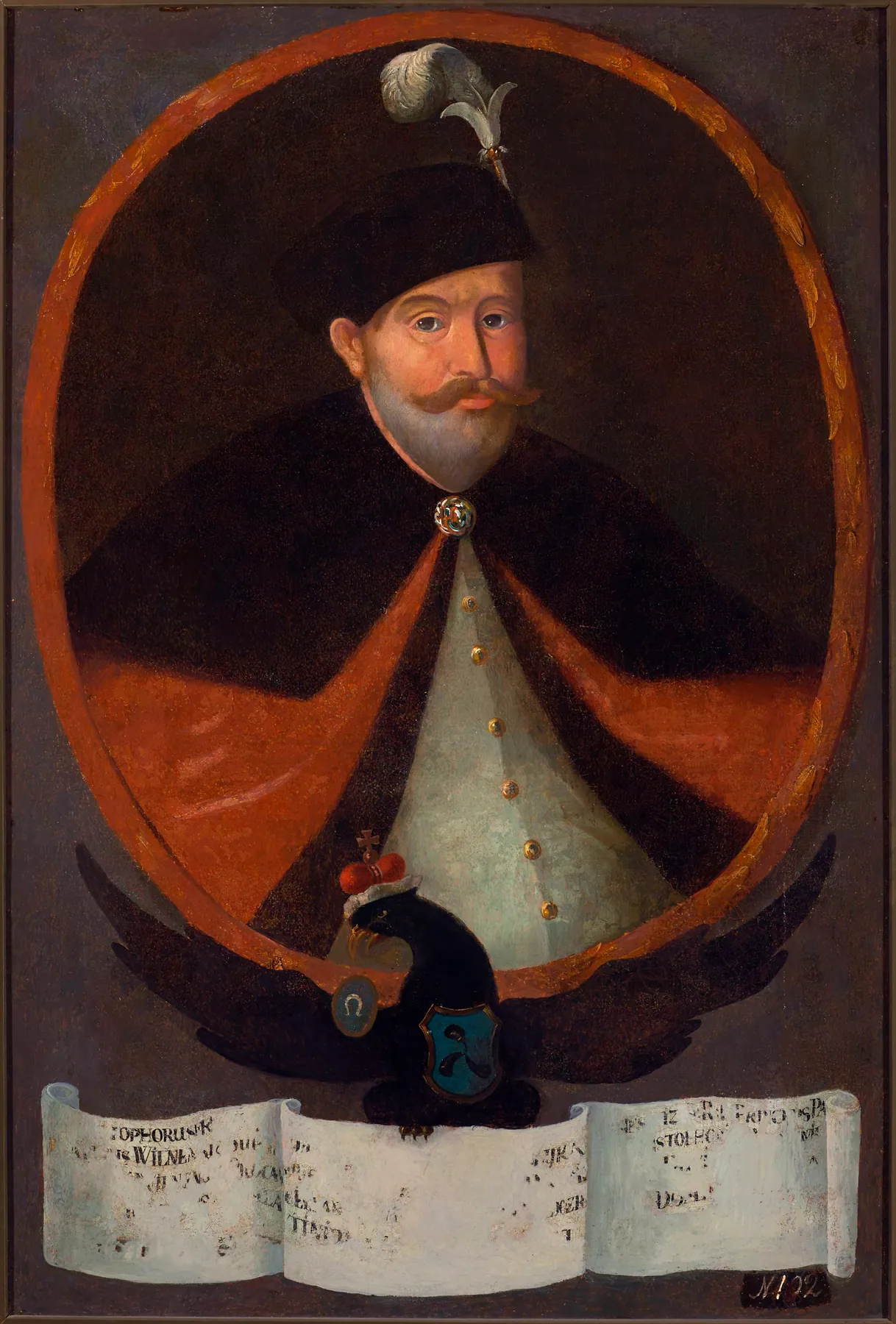 Painted portrait of a moustached nobleman in armour and a fur-trimmed cloak.